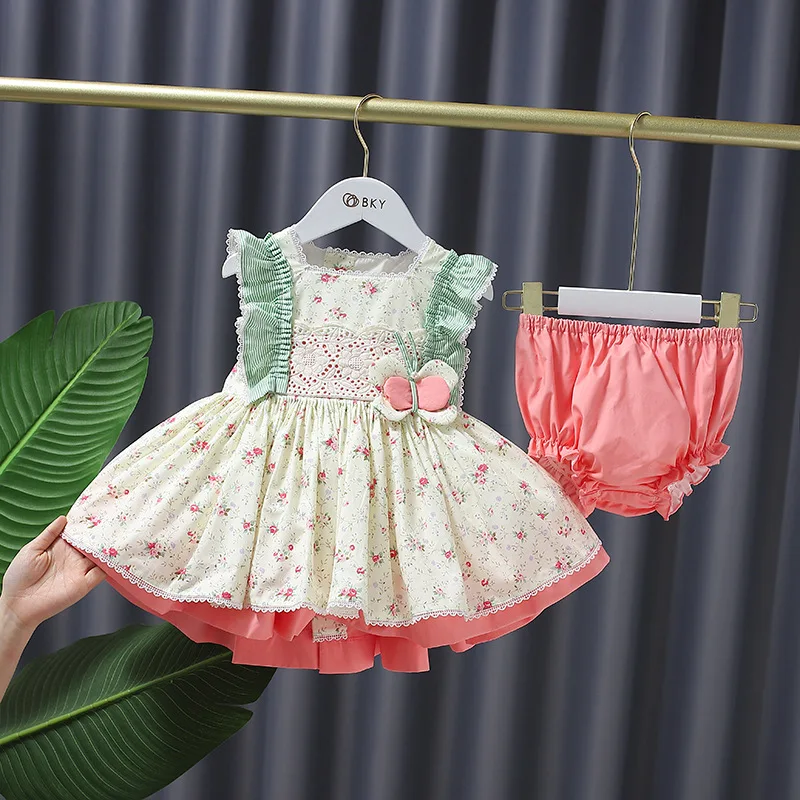 

2Pcs Spanish Baby Girl Floral Dress Children Lolita Dresses Infant Christening Ball Gowns Little Girls Spain Bow GZB021