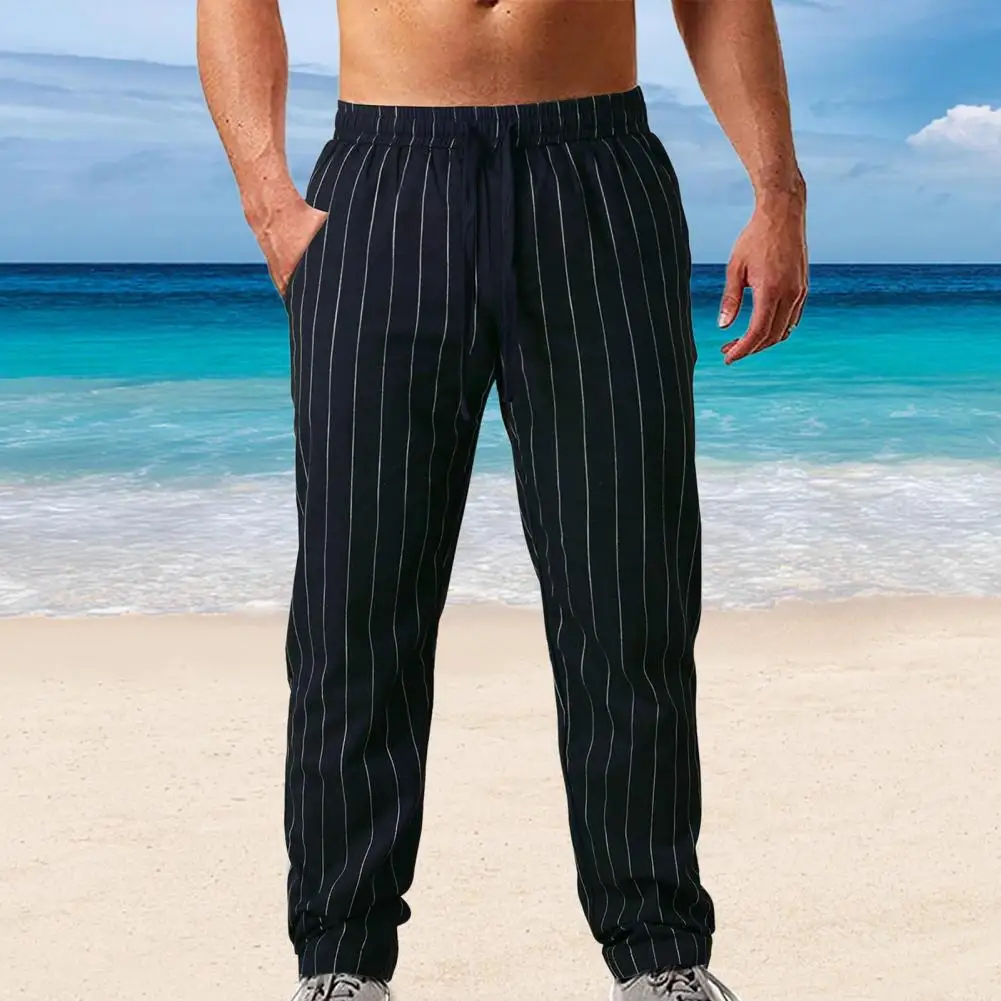 

Men Pants Vertical Striped Print Men's Casual Trousers Elastic Waistband Drawstring Pockets Straight Leg Streetwear Pants Men