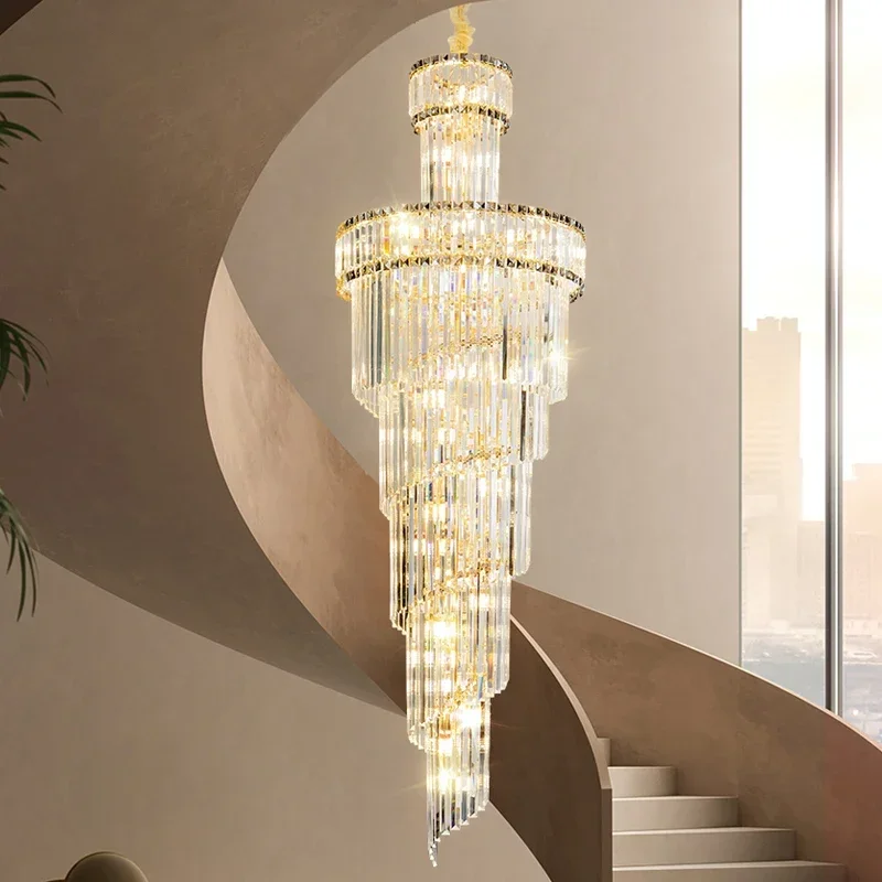 

Villa Hollow Duplex Chandelier Crystal Hall Spiral Staircase Postmodern Living Room Hotel Lobby Light Luxury Pendant lamps