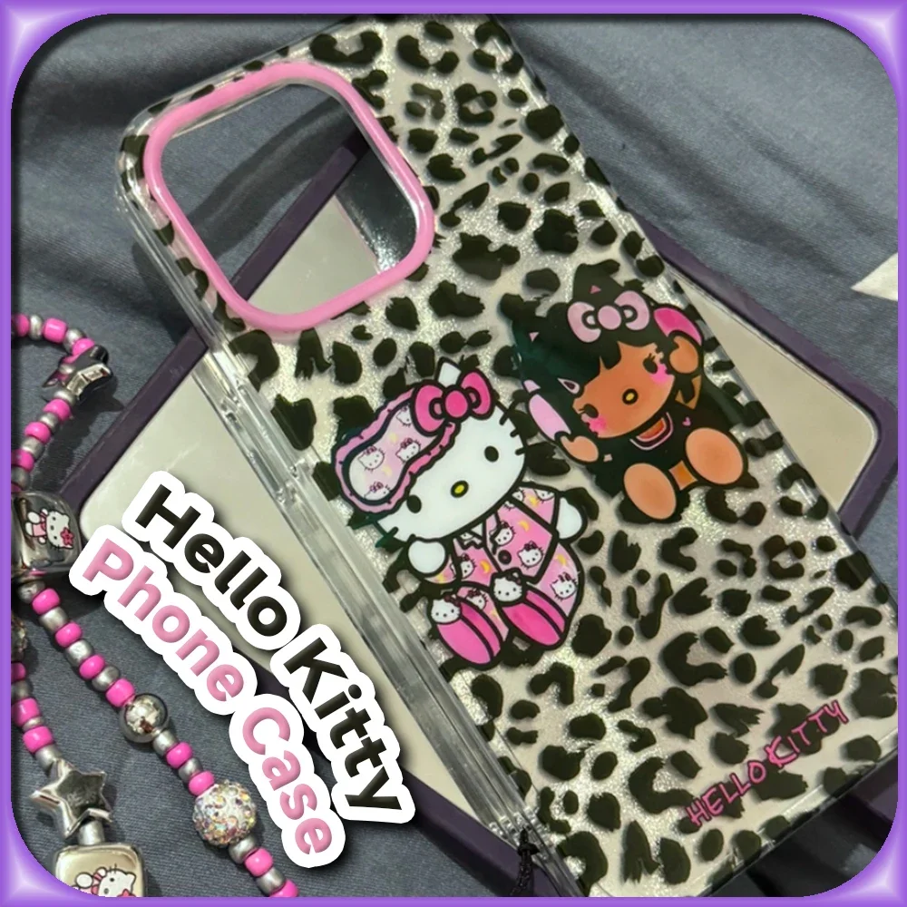 Чехол Kawaii Tan Hello Kitty с леопардовым принтом Y2K для iPhone 16 15 14 13 12 Pro Max Sanrio креативный