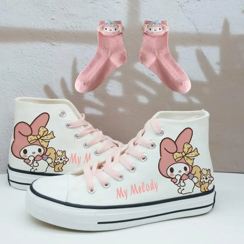 

Sanrios Anime My Melody Cinnamoroll Women Plimsolls Kawaii Kuromi Cartoon Female Fashion High Top Casual Canvas Shoes Girls Gift