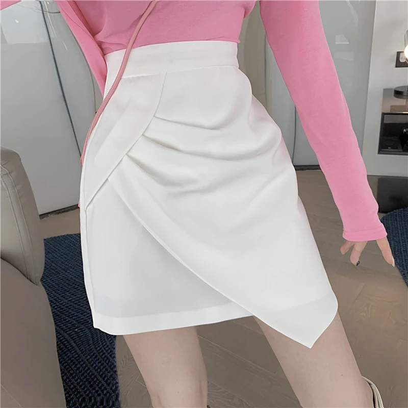 

Women Zipper Mini Irregular Plus Size Pleated Skirts Sweet Summer Female Korean Solid Wrap Pencil Skirts Black White Office Lady