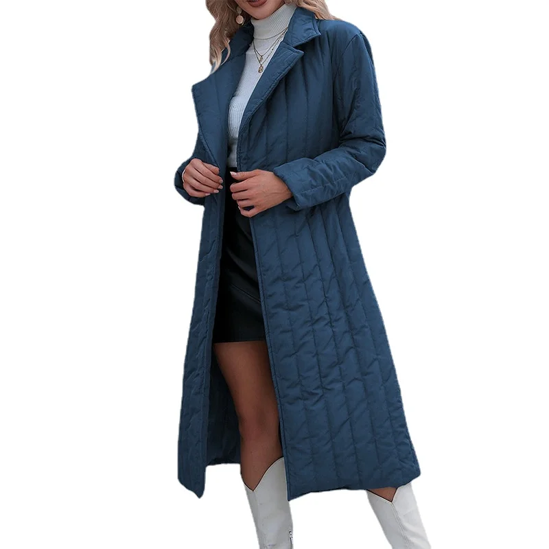 New slim and slim long cotton-padded clothes with solid color temperament Belt lapel thick warm polyester fiber women's coat