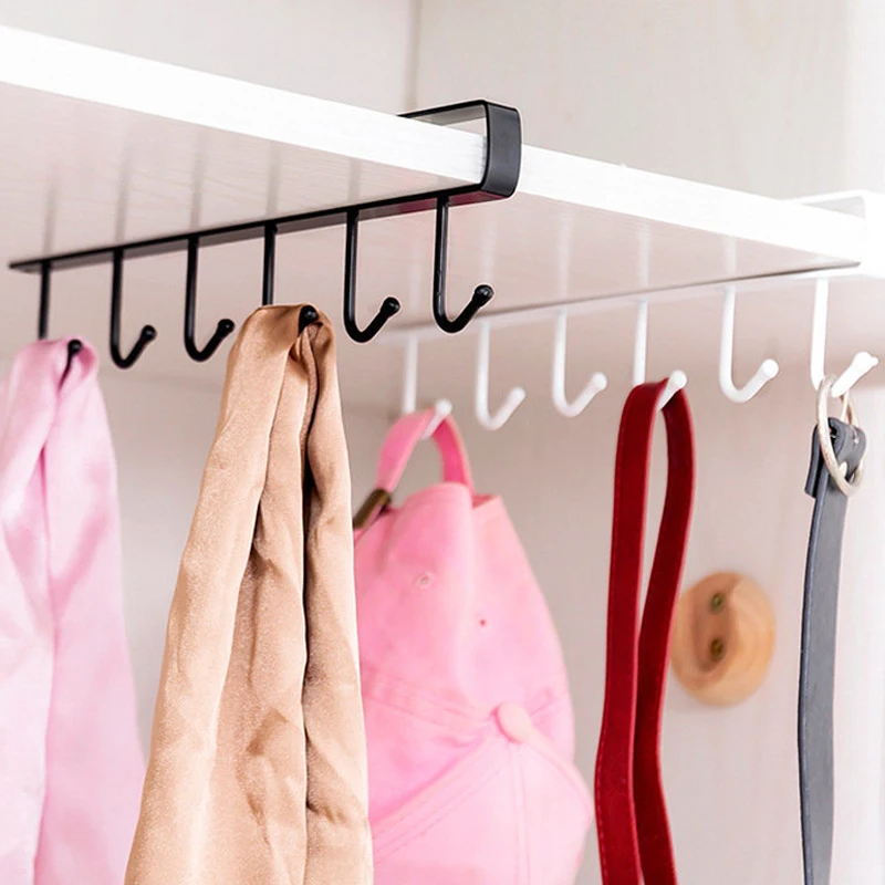 

Iron 6 Hooks Storage Shelf Wardrobe Cabinet Metal Under Shelf Kitchen Spatula Cup Hanger Bathroom Organizer Hanging Rack Holder