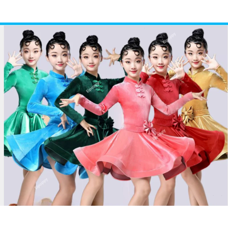 Платье детское вельветовое с длинным рукавом для латиноамериканских танцев