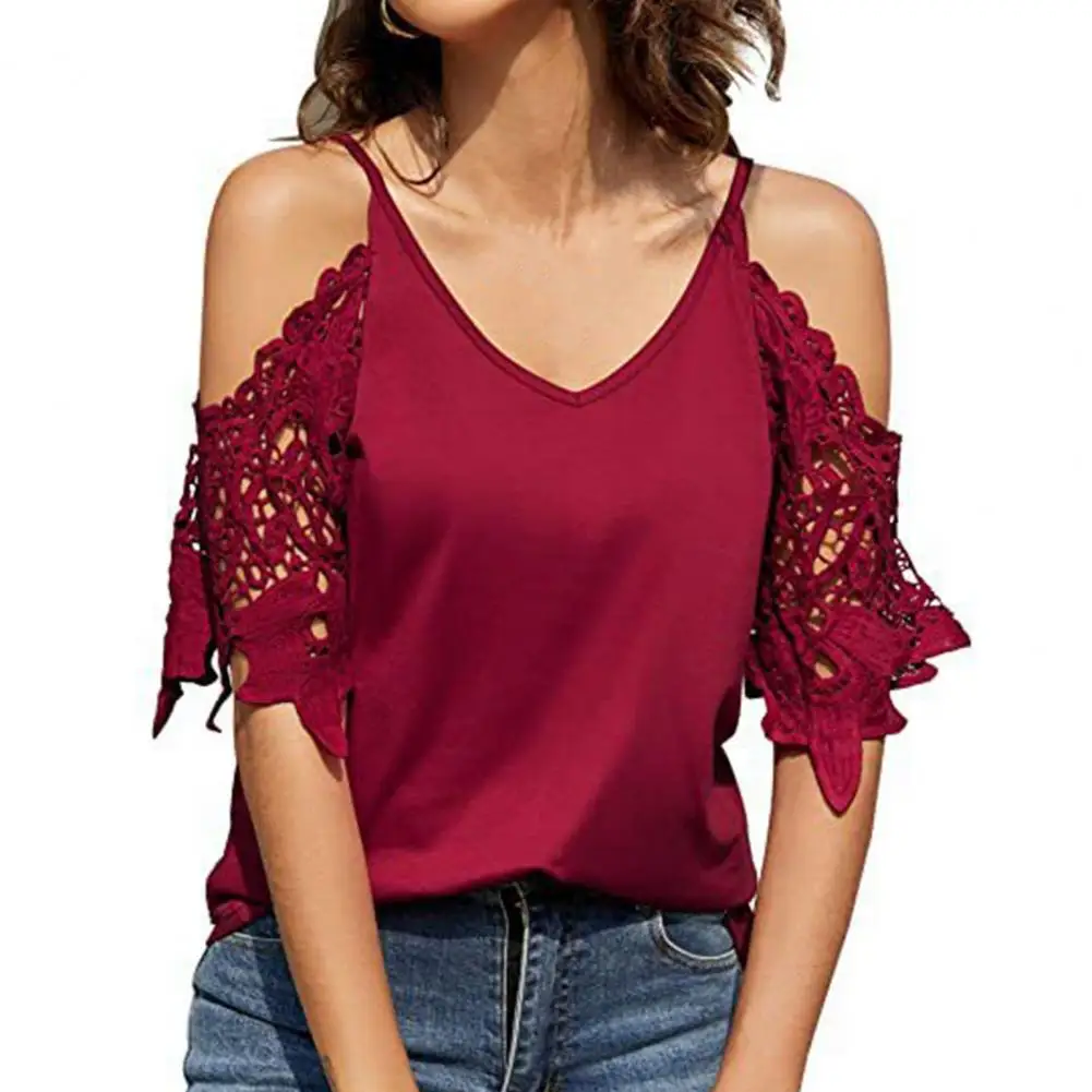 

Cold Shoulder Fashion Hollow Lace Sleeve Sling Tee Top Solid Color Casual Blouse V-Neck Female Clothes