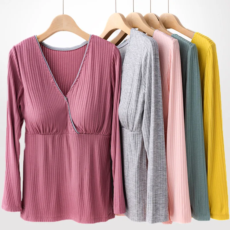 Women's Maternity Nursing Pajamas Sets Breastfeeding Solid colour Sleepwear Long Sleeve Top