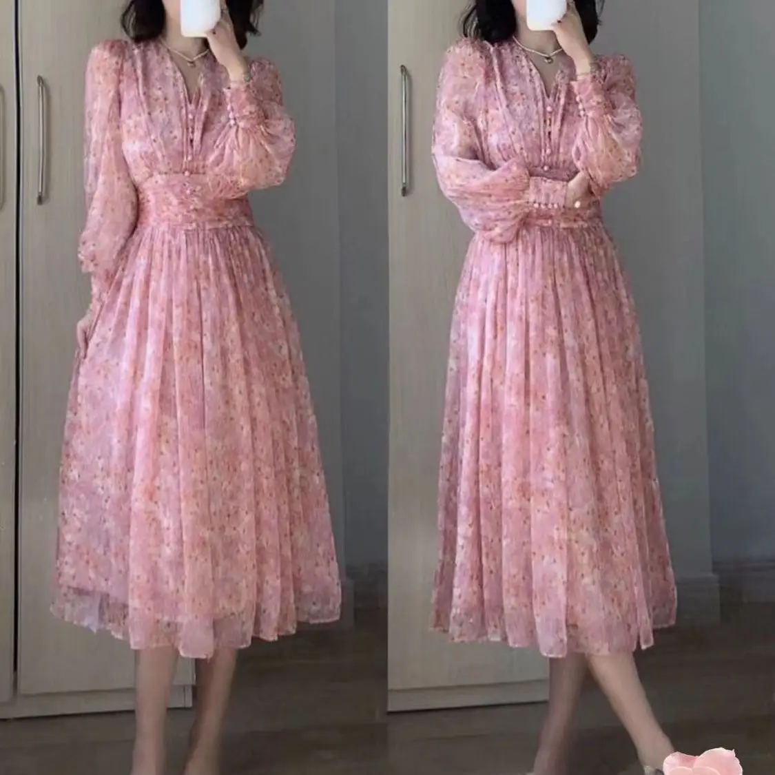 

Женское шифоновое платье-трапеция, элегантное Модное Длинное Платье с V-образным вырезом и принтом, лето-осень 2023, Q353