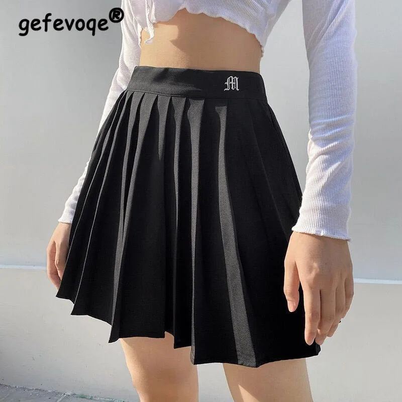Summer Korean White Y2k Pleated Skirt Women Elastic High Waist Vintage College Style Letter Embroidery Sexy A-line Short Skirts