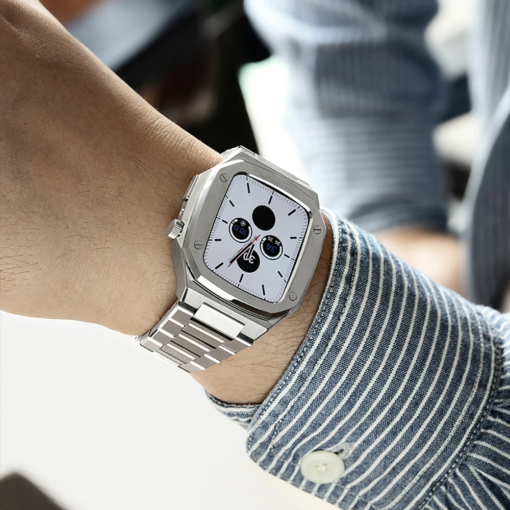 44mm 45mm modification Kit For Apple Watch Series 8 7 Silicone Band Metal Strap For iWatch 6 SE 5 4 41mm 40mm Mod DIY Kit Set