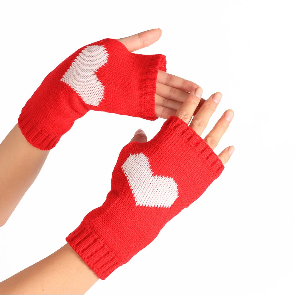 

Stock Wool Warm Gloves Big Love Knitted Finger Leakage Fall And Winter Protective Hand Cover Peach Heart Student Computer Mitten