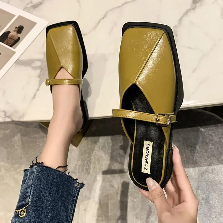 

Slippers Women Summer Low Slides Shoes Pantofle Square Toe Female Mule 2022 Cover Mules Fabric Rome Hoof Heels PU Basic Rubber