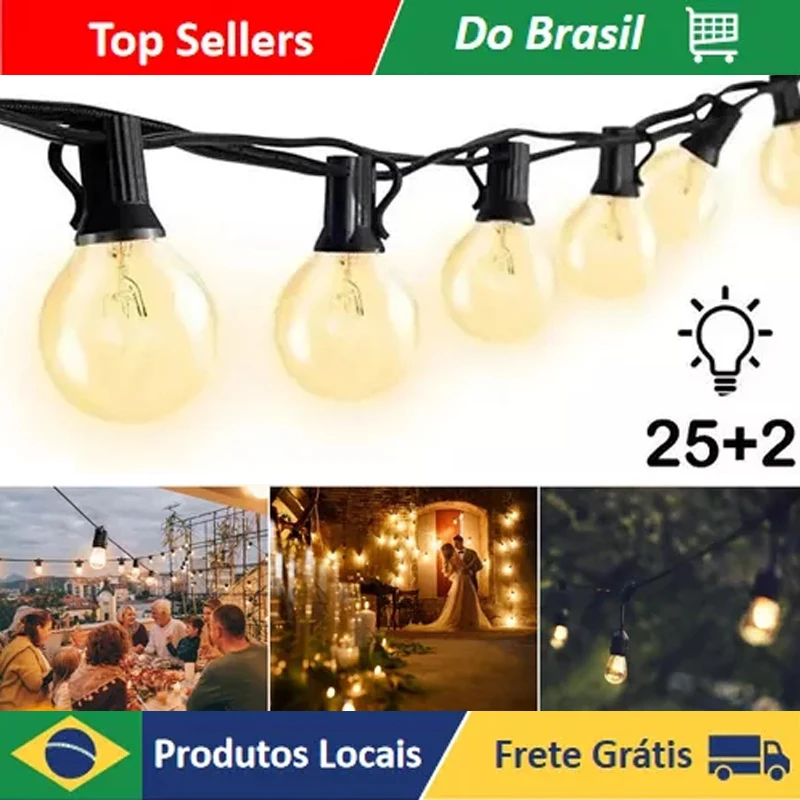 

Luzes de Corda Externas G40 de 25 pés Com Cabo de Plugue Estendido Luzes de Pátio de Vidro Edison Globe de 5 W com 25 lâmpadas