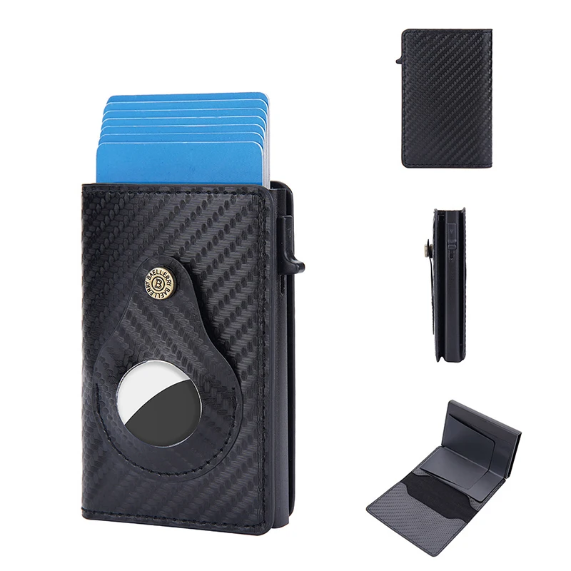Men's Carbon Fiber Small Bag Antimagnetic AirTag Tracker Rfid Automatic Cartridge Type Card Holders Sample Gifts Money Wallets