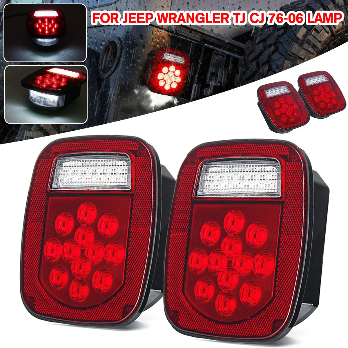 

2PCS 39 LEDs Red+White Double Colors Tail Light Brake Reverse Turn Signal Light For YJ TJ CJ JK Truck Trailer Van