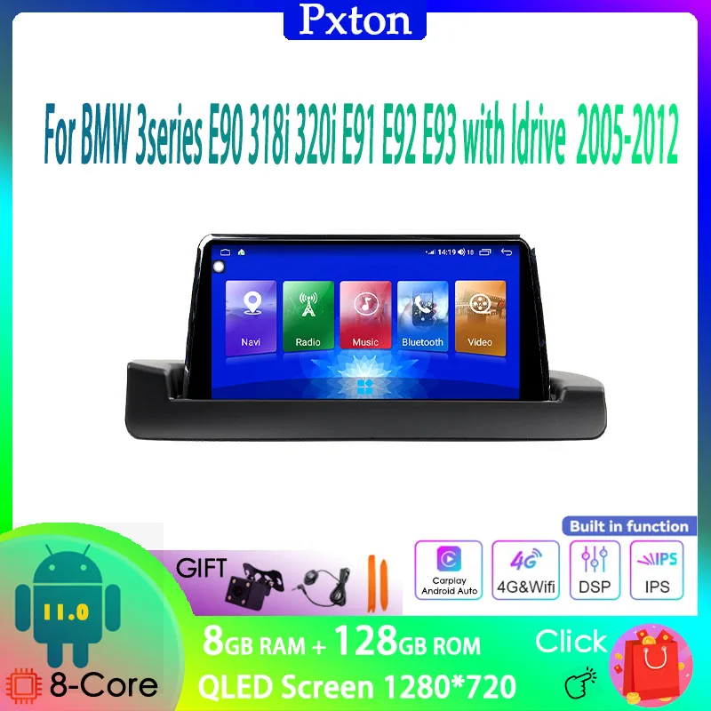 

Pxton Tesla Screen Android Car Radio Stereo Multimedia Player For BMW E90 318i 320i E91 E92 E93 Carplay Auto 8G+128G 4G WIFI