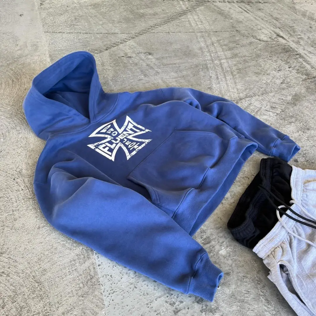 Мужская винтажная толстовка с капюшоном голубая Толстовка в стиле Харадзюку