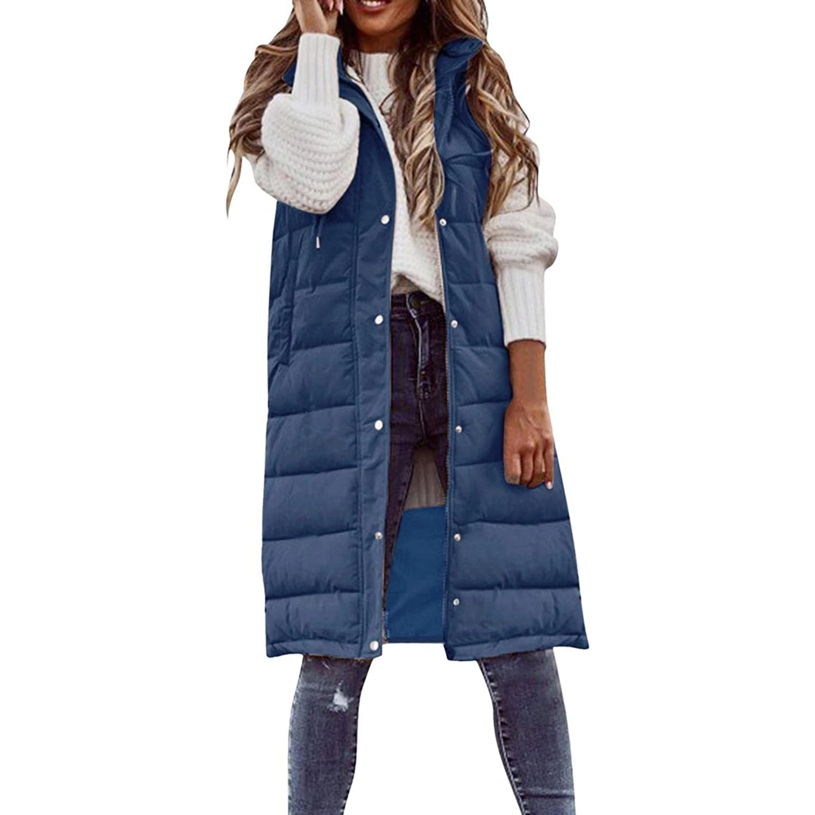 

Sleeveless Winter Jacket Women 2022 Midi Coats Down Vest Keep Warm Elegant Black Hooded Street Hipster Lady Cotton Overcoat
