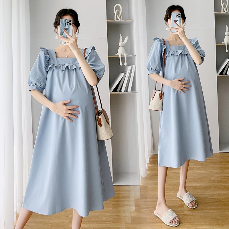 

6016# Summer Vintage Cotton Maternity Long Dress Oversize Loose Straight Clothes for Pregnant Women Ruffle O neck Pregnancy