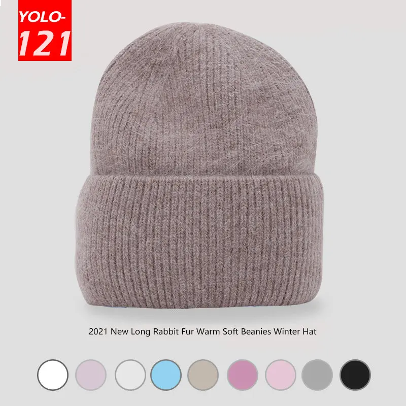 

Шапки с мехом кролика для женщин и мужчин, повседневные однотонные шапки, вязаные облегающие шапки из натурального меха Ангорского Кролика, теплые шапочки, искусственные мягкие пушистые чапки