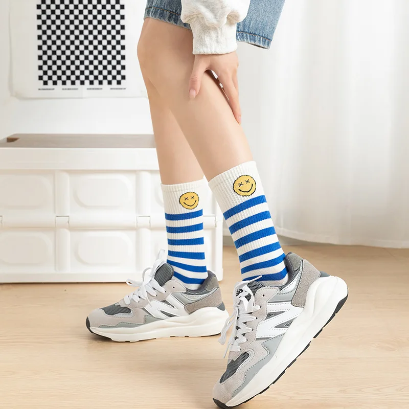 5Pairs Cotton Women Socks Striped Smiling Face Trendy Sock Spring and Autumn Women's Casual Socks Street Skateboard Pile Sock