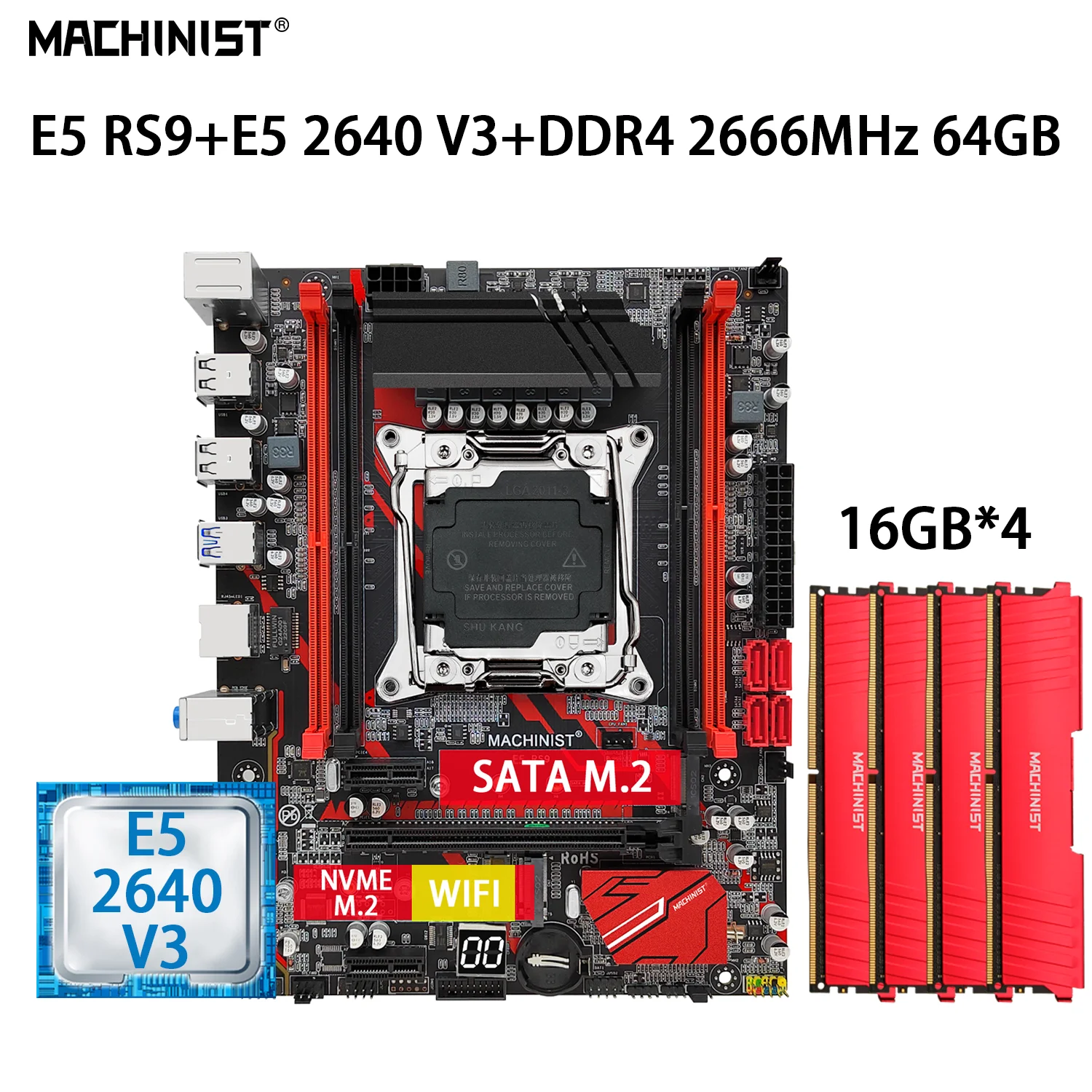 

MACHINIST E5 RS9 комплект материнской платы с комплектом Xeon E5 2640 V3 процессор 64 ГБ = 4*16 Гб DDR4 2666 МГц ОЗУ память LGA 2011-3 четыре канала