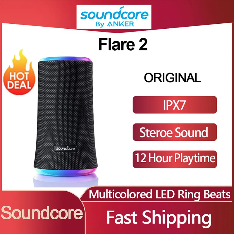 

Original Soundcore Flare 2 Portable Bluetooth Speaker A3165 10W Wireless StereoSound Bar IPX7 Waterproof EQ Adjustment Subwoofer
