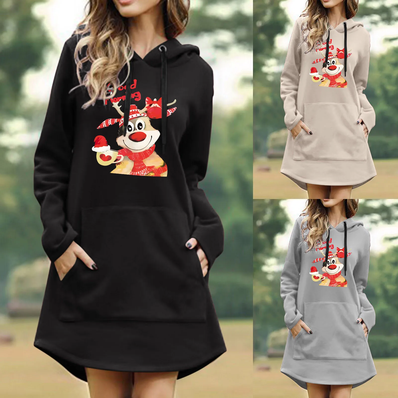 

Long Sleeve Women Christmas Printing Drawstring Hooded Christmas Pocket Long Sleeve Dress Sweatshirts Athletics Hoodie