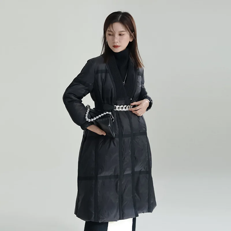 2022 Winter Design Sense Long Knee-Length White Duck Down Coat V-Neck Silhouette Down Jacket