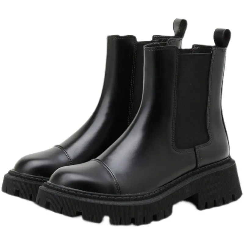 

2022 New Slip-on Platform Women's Shoes Ankle Boots Thick Sole Women's Leather Chelsea Boots Round Toe Gothic Boots Botas Mujerr
