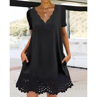2022 summer hollow out scallop trim pocket decor dress v neck short sleeve solid casual mini dress daily wear black dress summer