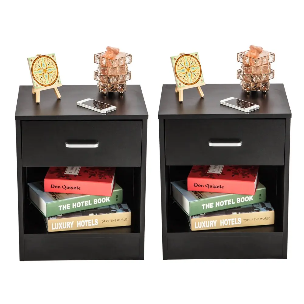 

Set of 2 Nightstand Bedroom Storage Bedside Table Side End Table with Drawer and Open Shelf Black