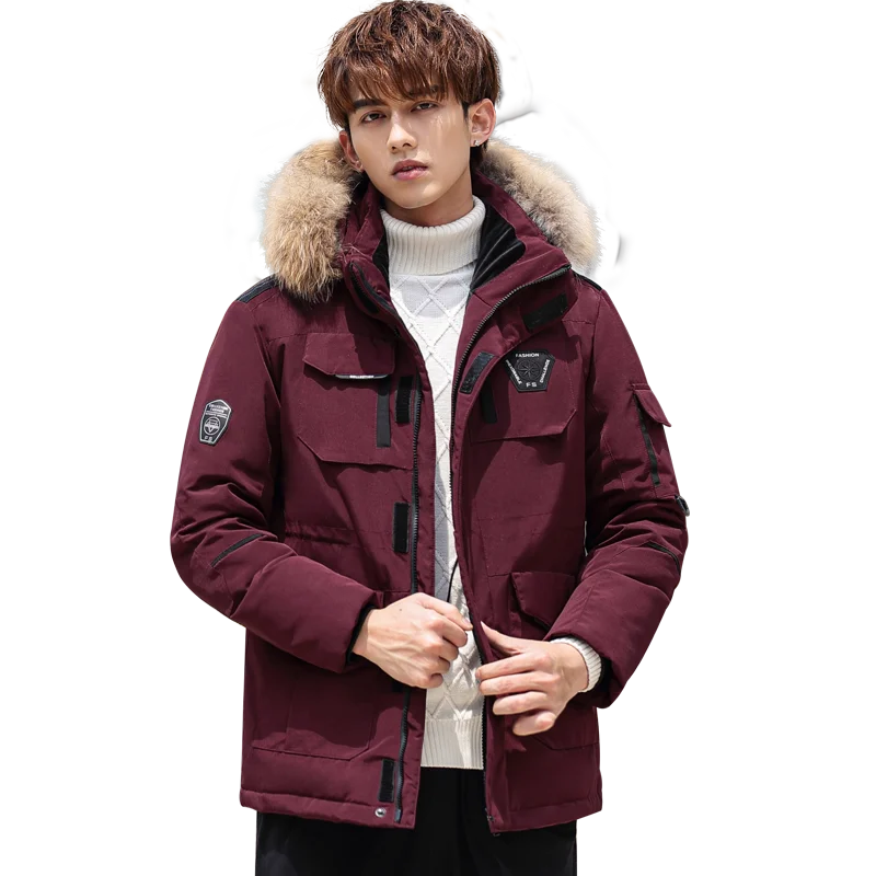 Men's fashion casual plus velvet thickened hooded down jacket duck down removable cap three-color optional duck down jacket