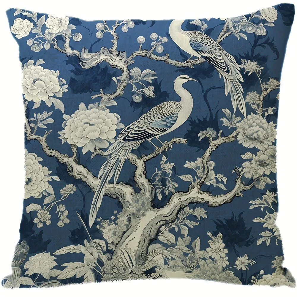 

Декоративная наволочка сине-белая с рисунком журавля из полиэстера