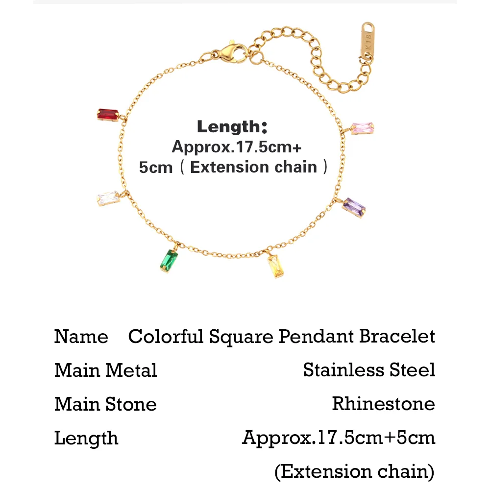 ELF 316L Stainless Steel Simple Square Colorful Zircon Pendant Bracelets for Birthday Wedding Gift Fashion Jewelry for Women