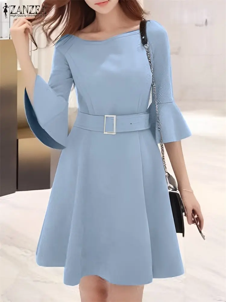 

ZANZEA Office Lady Mini Dress Women 3/4 Flare Sleeve Vestidos Holiday Party Ruffled Robe 2023 Autumn Round Neck Fashion Dresses
