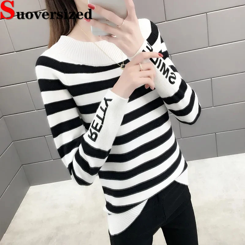 

Женские весенние тонкие свитера в полоску, корейские Повседневные вязаные топы, Модный пуловер с круглым вырезом, облегающий тянущийся трикотажный топ