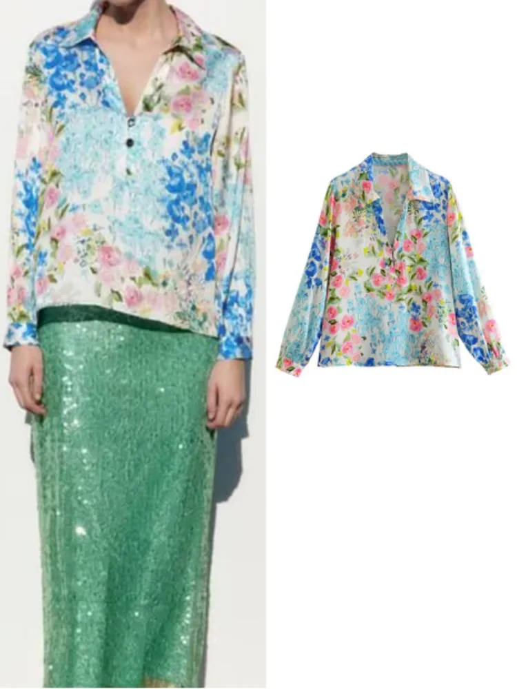 

RDMQ 2023 Thin Women Floral Print Blouses Shirt Summer Causal Long Sleeve Tops Vintage Turn Down Collar Pullover T-Shirts