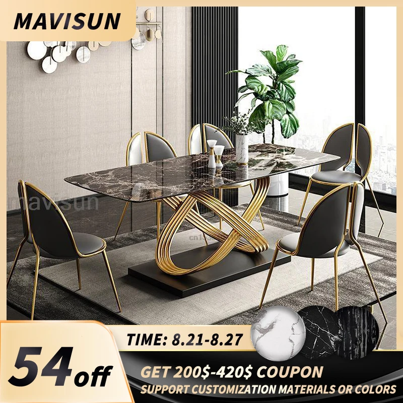 

Modern Dining Table With Stainless Steel Finish Black White Desk Top For Six People Home Rectangle Luxury Marble Kitchen Table
