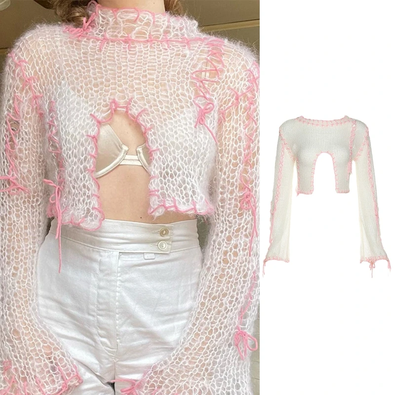 

Thin Hollow out Knitted Sweater for Women Sweet Long Sleeves Cropped Sweaters Loose Crop Pullover Irregular Hem Tops Ins