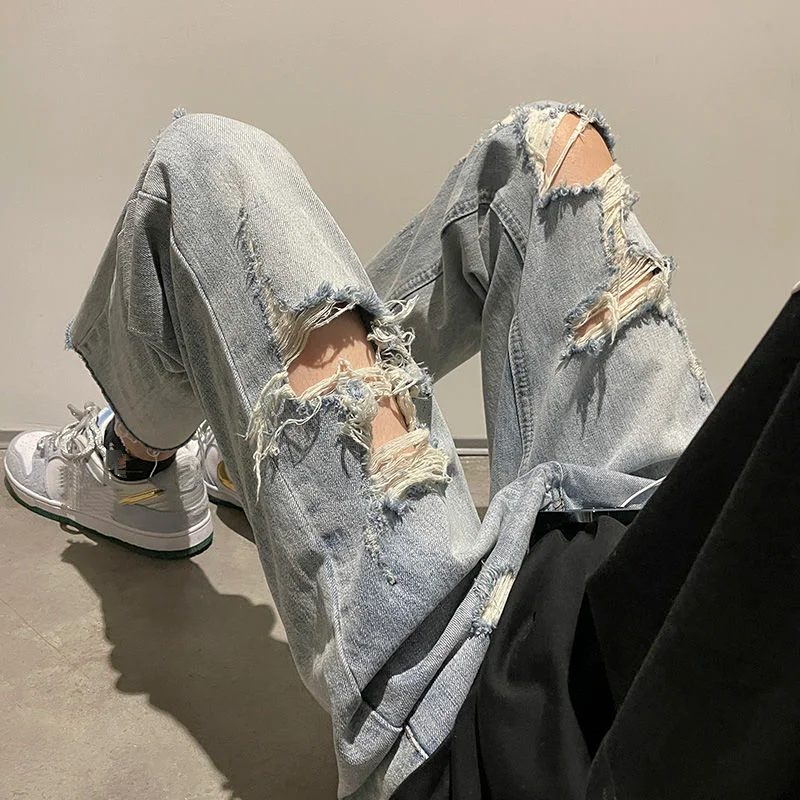 Hole Jeans for Men Summer Fashion Thin Loose Pants Bottoms Handsome Vintage Casual Trousers Male Cloting Streetwear Plus Size
