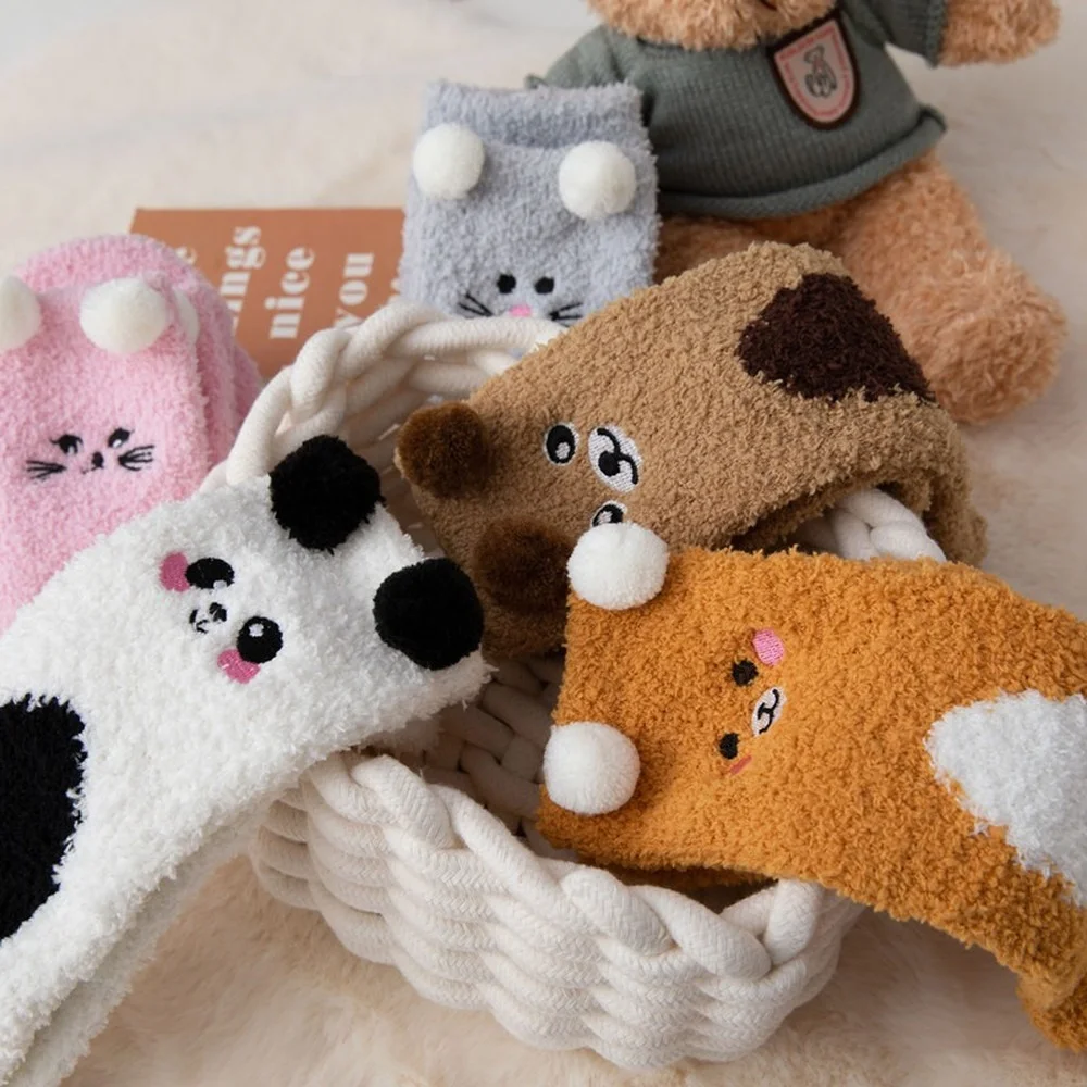 5 Pairs New Cute Pet Animal Women Home Floor Socks Cartoon Embroidered Coral Fleece Socks Fuzzy Cat Dog Sleeping Socks