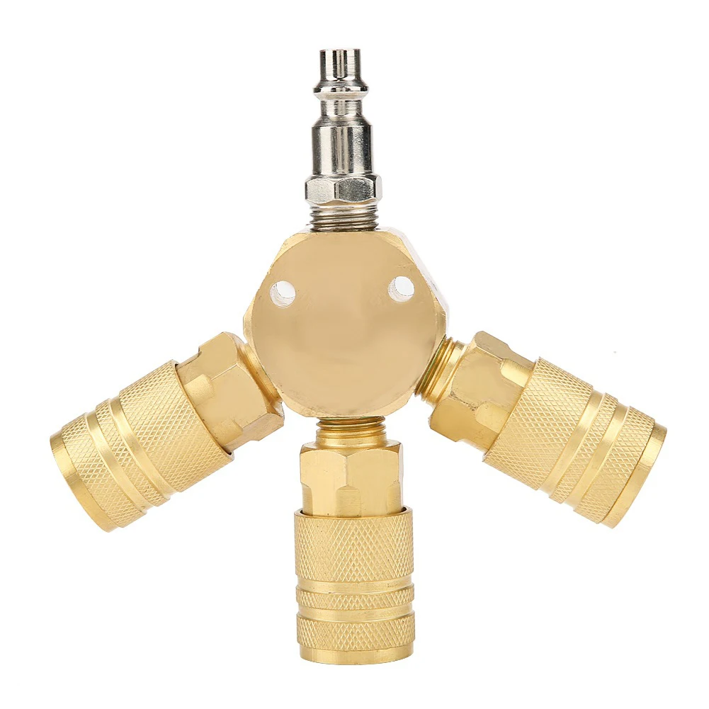 

3 Way 1/4inch Round Adapter Fittings Air Manifold Splitter With Coupler Plug Brass Quick Connect Hex Style Pneumatic Tool