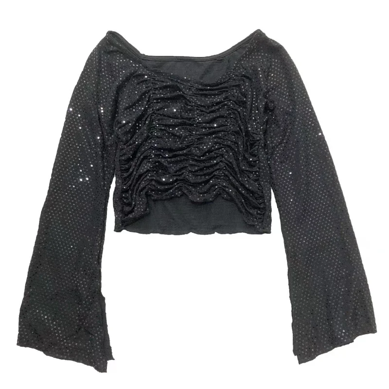 Женский короткий пуловер с открытыми плечами длинным рукавом и блестками