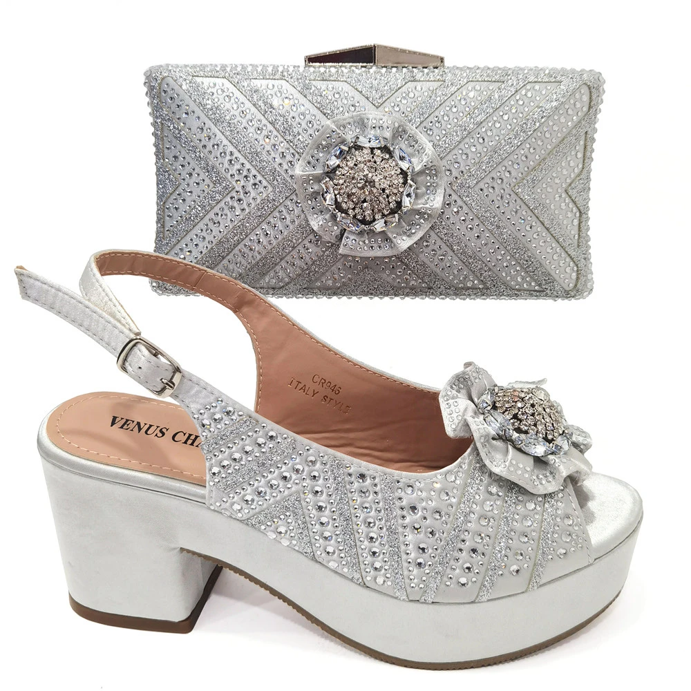 Venus Chan Lastest Noble and Elegangt Fashionable Special Style Ladies Shoes and Bag Set in Silver Color for Party and Wedding
