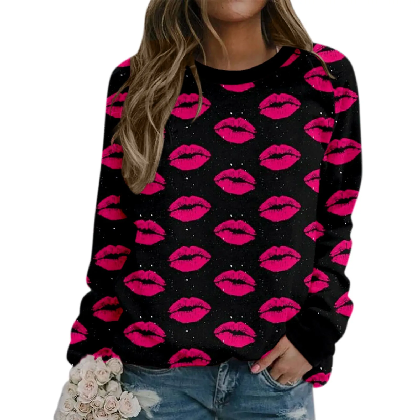 

Plus Size Women Long Sleeve Top Shirt Cotton Lips Print Shirt For Young Lady Wife Gift Valentine's Day