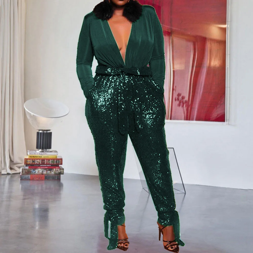 

Patchwork Party/Cocktail Plain Full Length High Waist Women's Jumpsuit Deep V Neck Sexy Sequins Office Ladies Spring 2022 Party