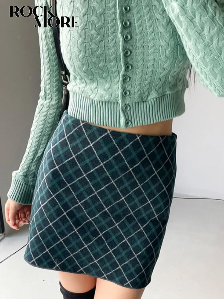 

Rockmore Vintage Plaid Print Women'S Skirts Y2K Aesthetic Knitted Mini Skirt Korean Fashion Green Pencil Skirt Fairycore Bottoms