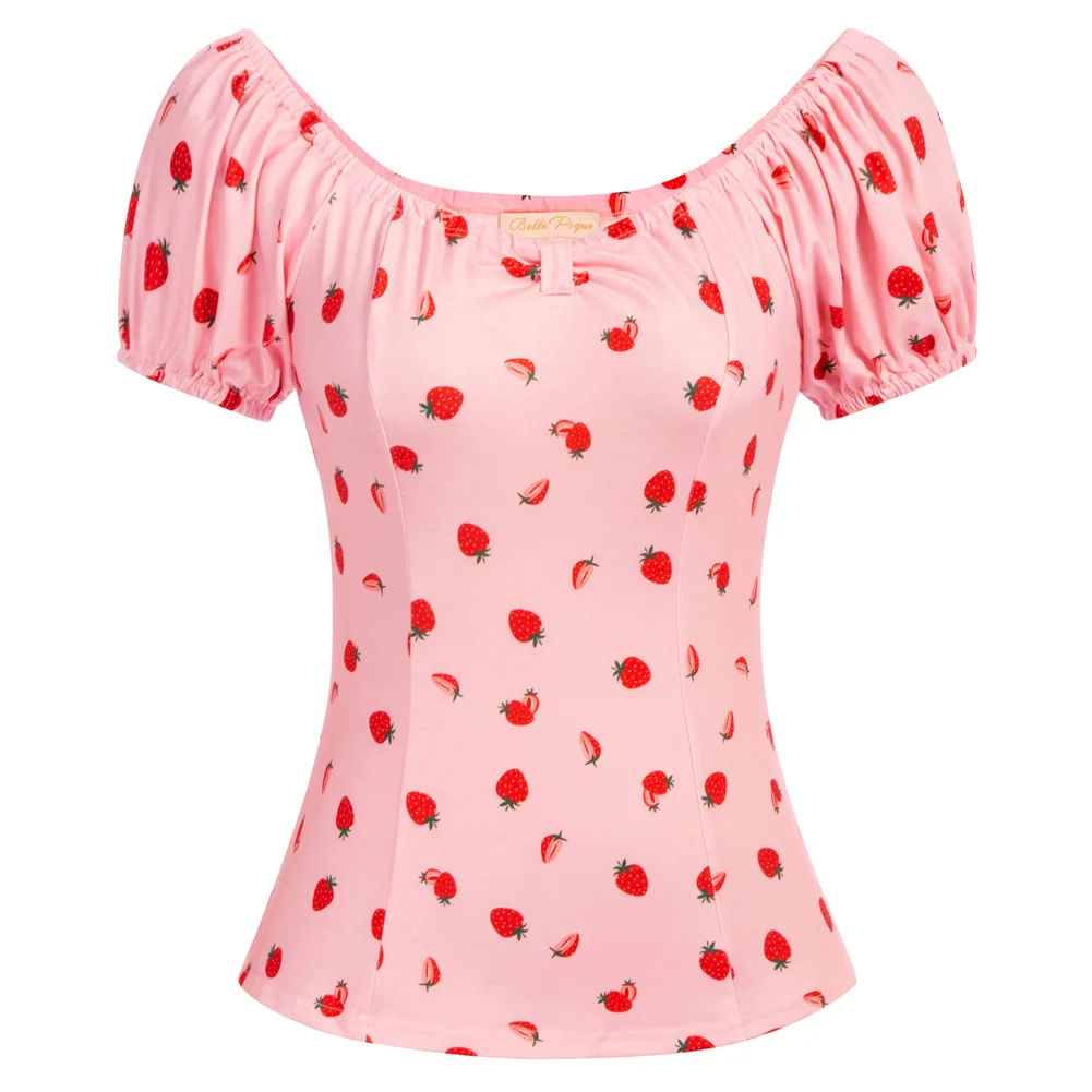 

Belle Poque Puff Sleeve Blouse Vintage Off Shoulder Shirts For Women 1950s Strawberry Print Short Sleeve Off Shoulder Tee Tops