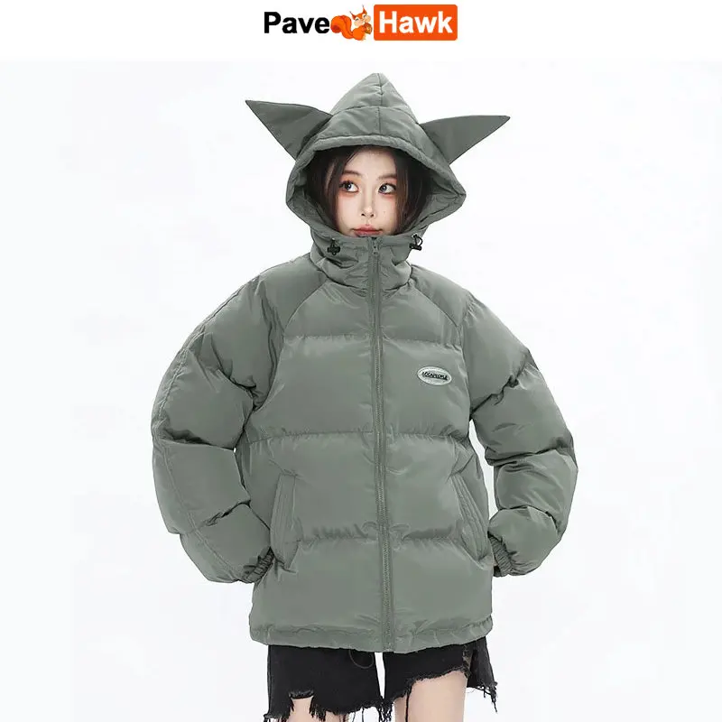 

Devil's Horn Parkas Men Winter Solid Color Hooded Padded Jacket Women Loose Hip Hop Harajuku Puffer Bubble Outwear Coats 2022
